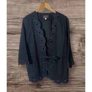 Bob Mackie Wearable Art Women's Black Cotton Scalloped Eyelet Tie Cardigan Large